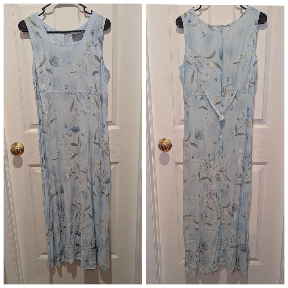 Vintage Coastal Cottagecore Blue Floral Maxi Dress Romantic Garden Party Size 8